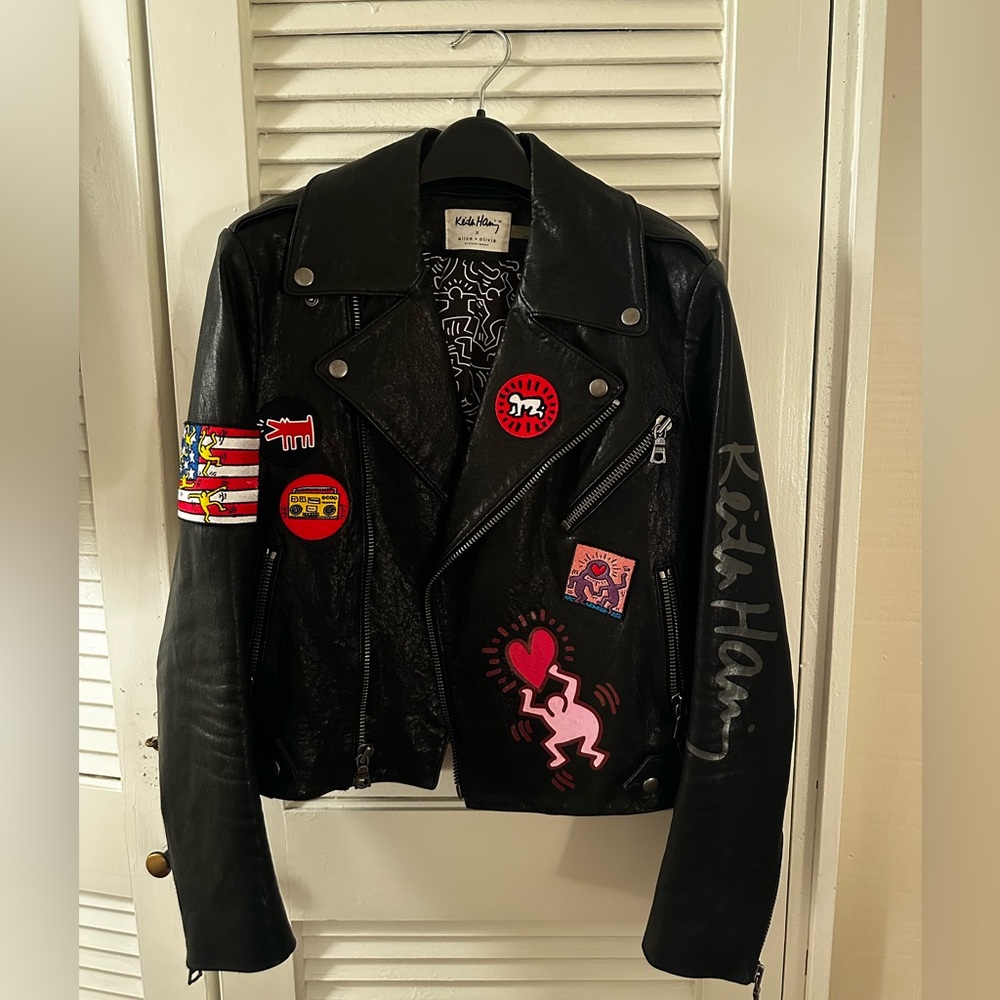 Alice + Olivia x Keith Haring Black Leather Jacket